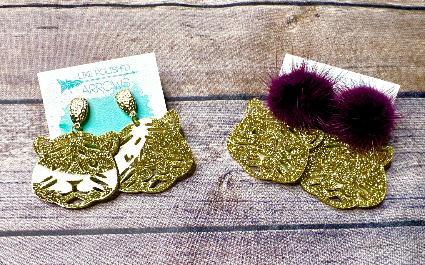 Tiger Head Glitter Pom Pom or Stud Earrings