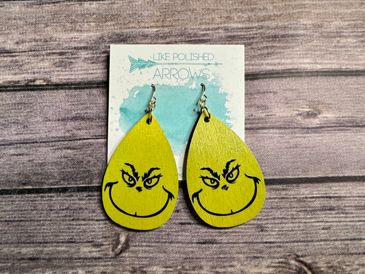 Christmas Merry Grinchmas Mr. Green Wooden Teardrop Earrings