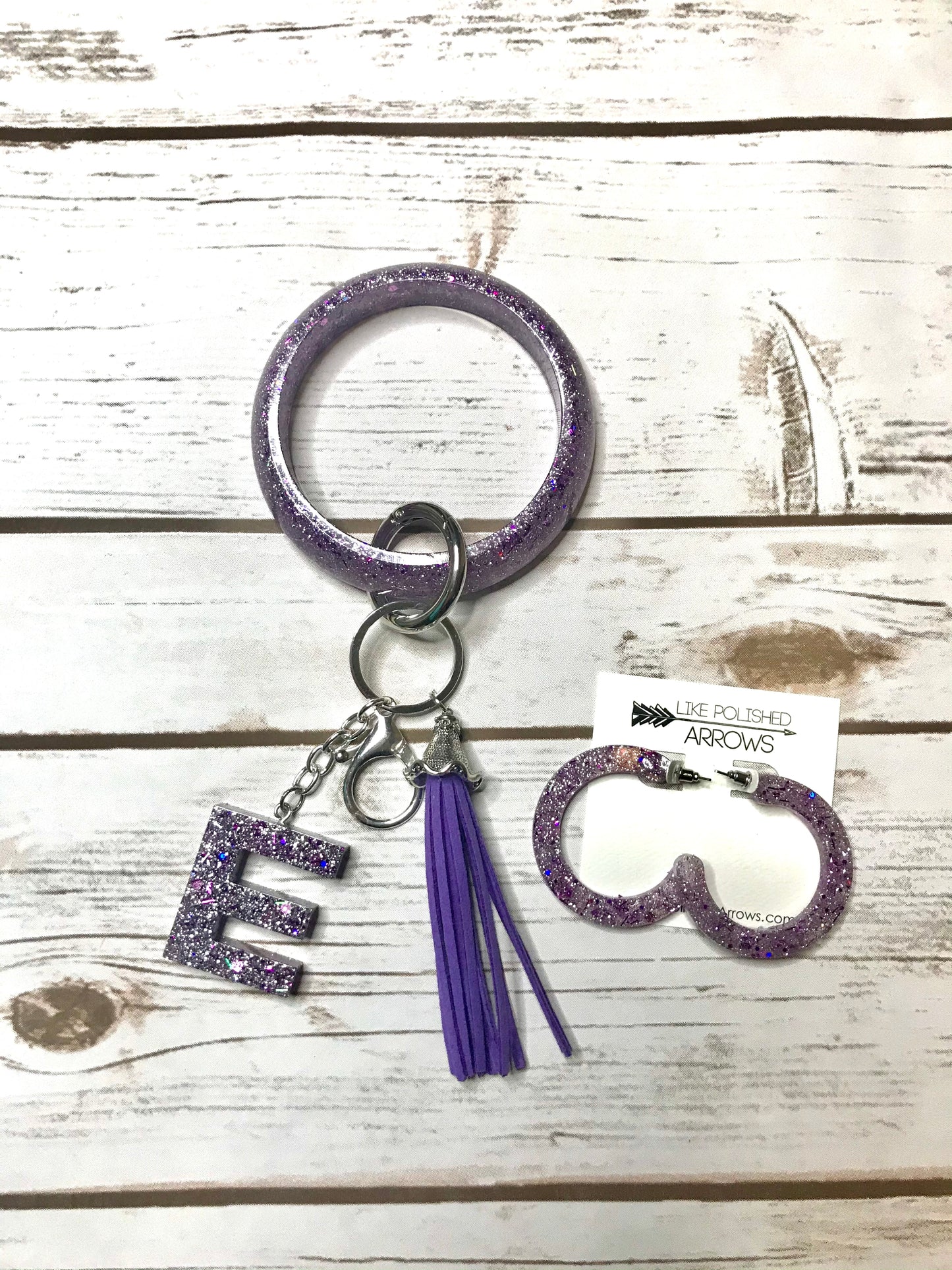 Purple and Gold Foil Resin Keyring Bangle with Initial and Tassel