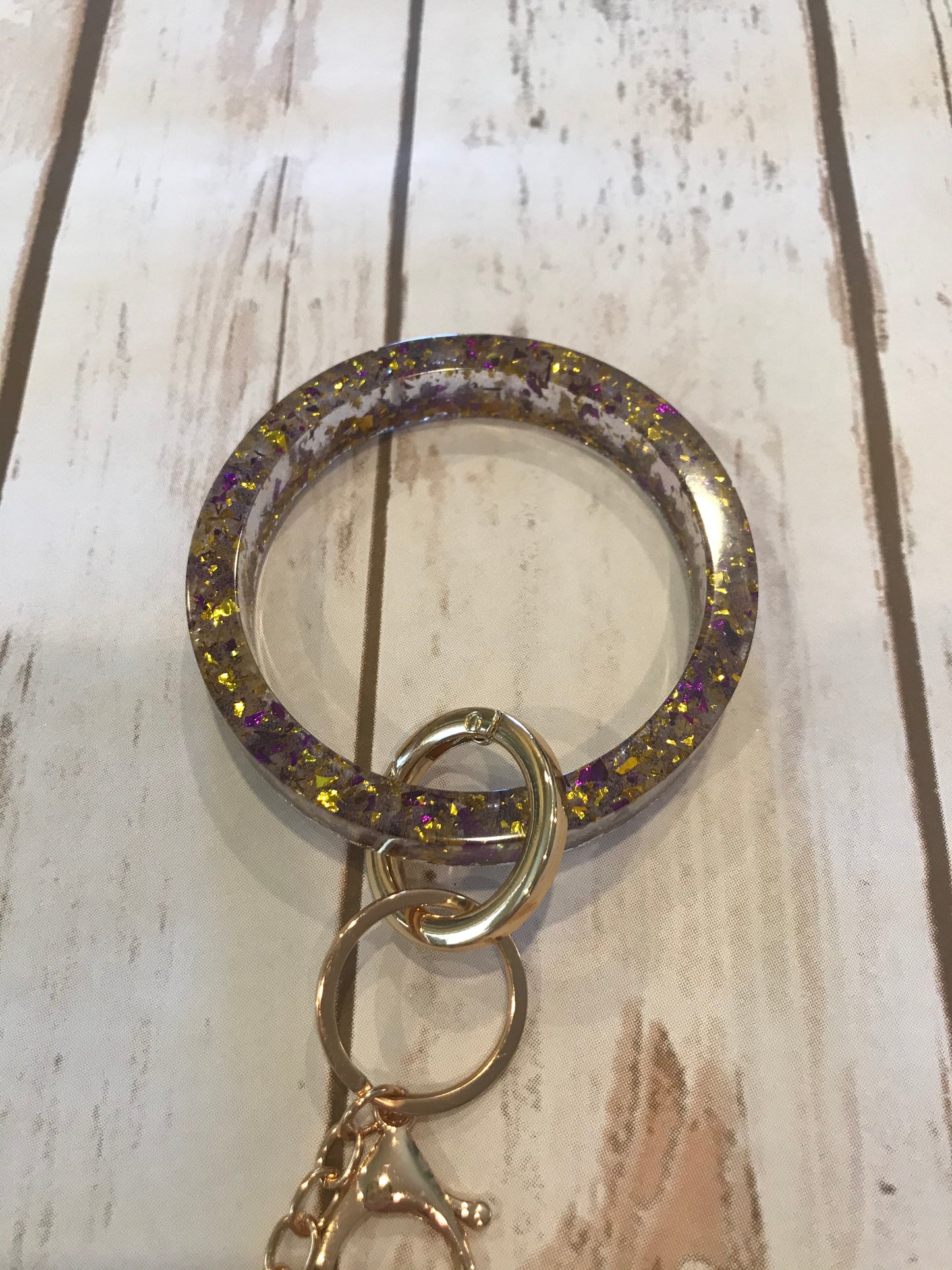 Purple and Gold Foil Resin Keyring Bangle with Initial and Tassel