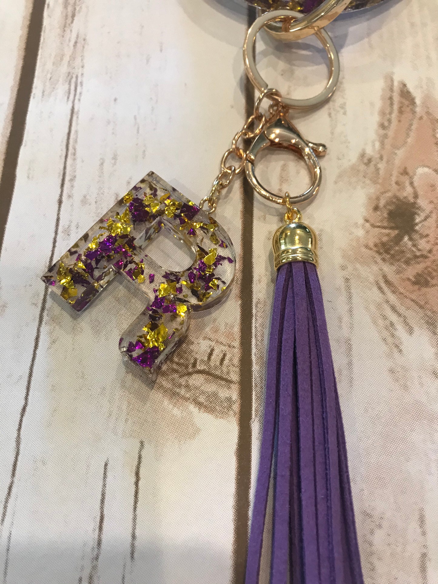 Purple and Gold Foil Resin Keyring Bangle with Initial and Tassel