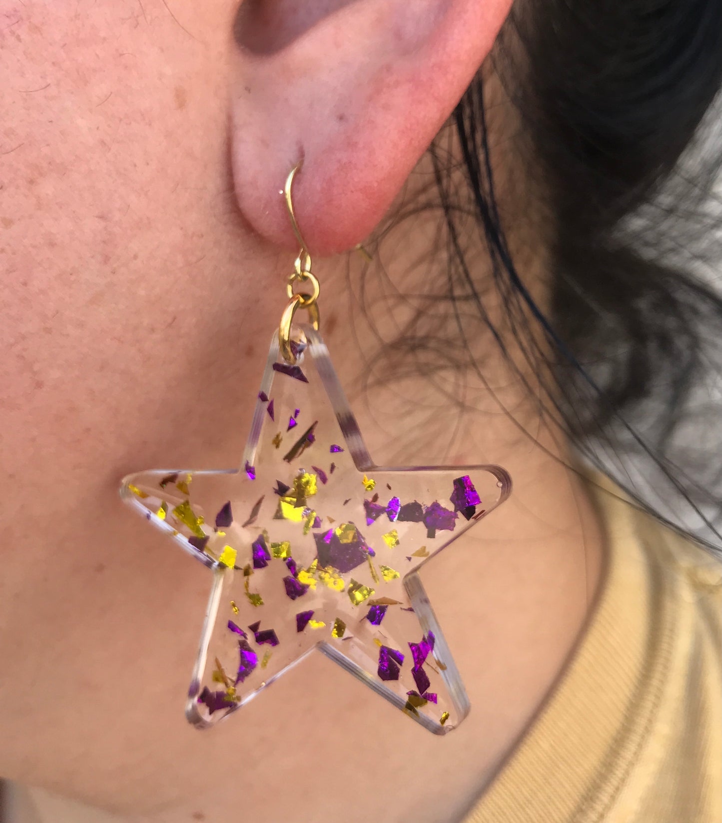 Purple and Gold Resin Foil Star Earrings