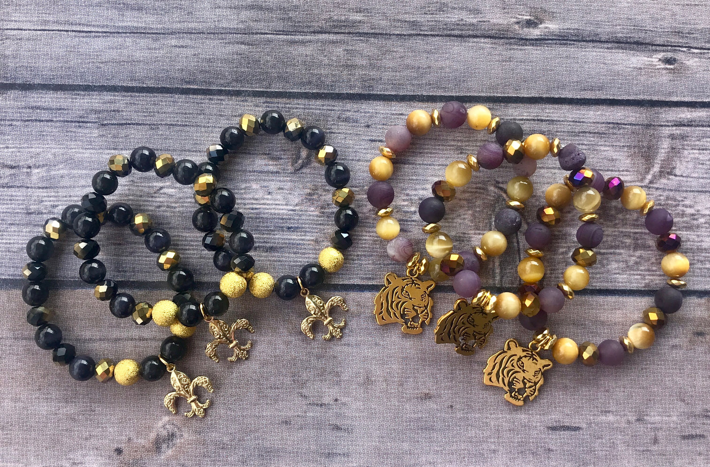 LSU and Saints Gemstone Bead Charm Bracelets