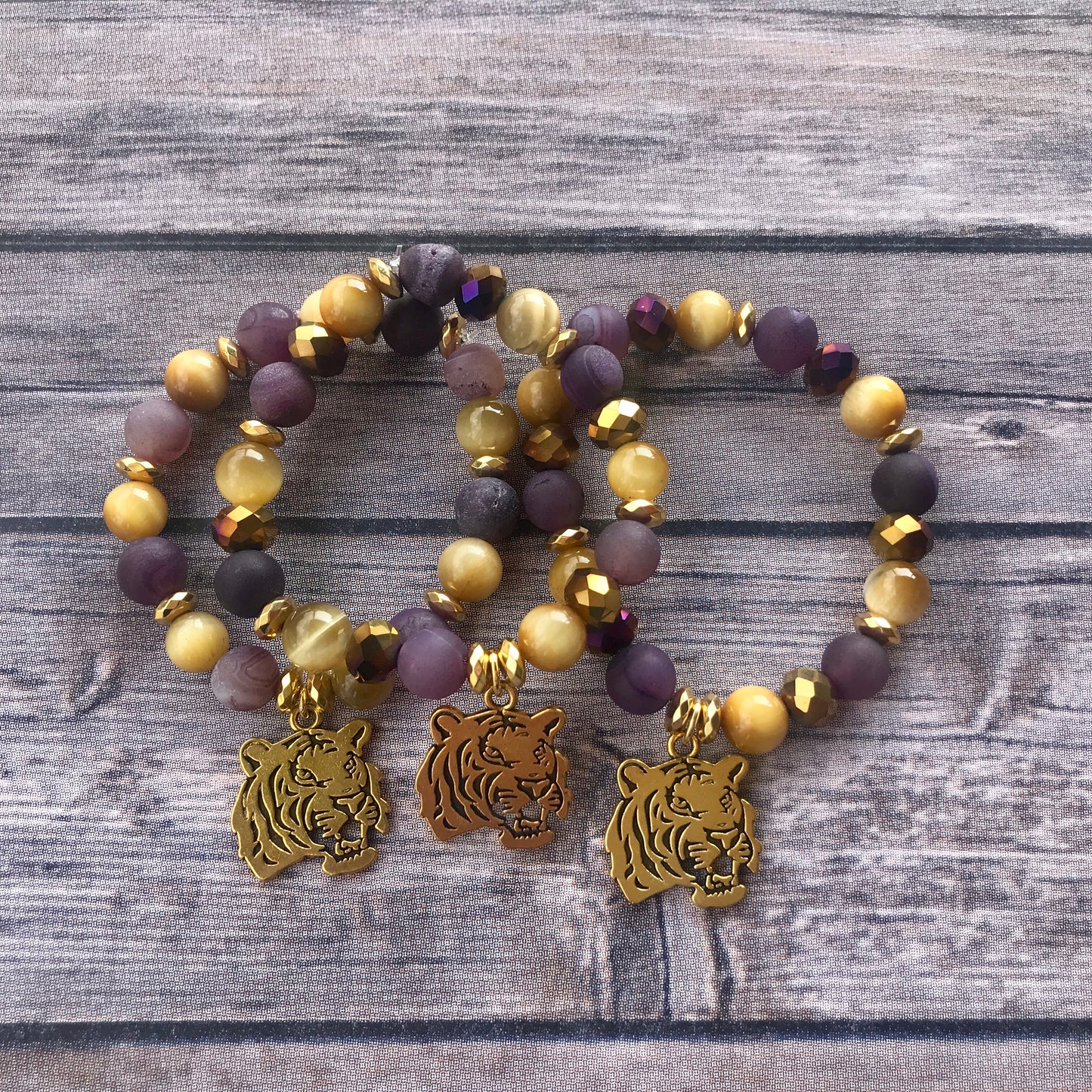 LSU and Saints Gemstone Bead Charm Bracelets