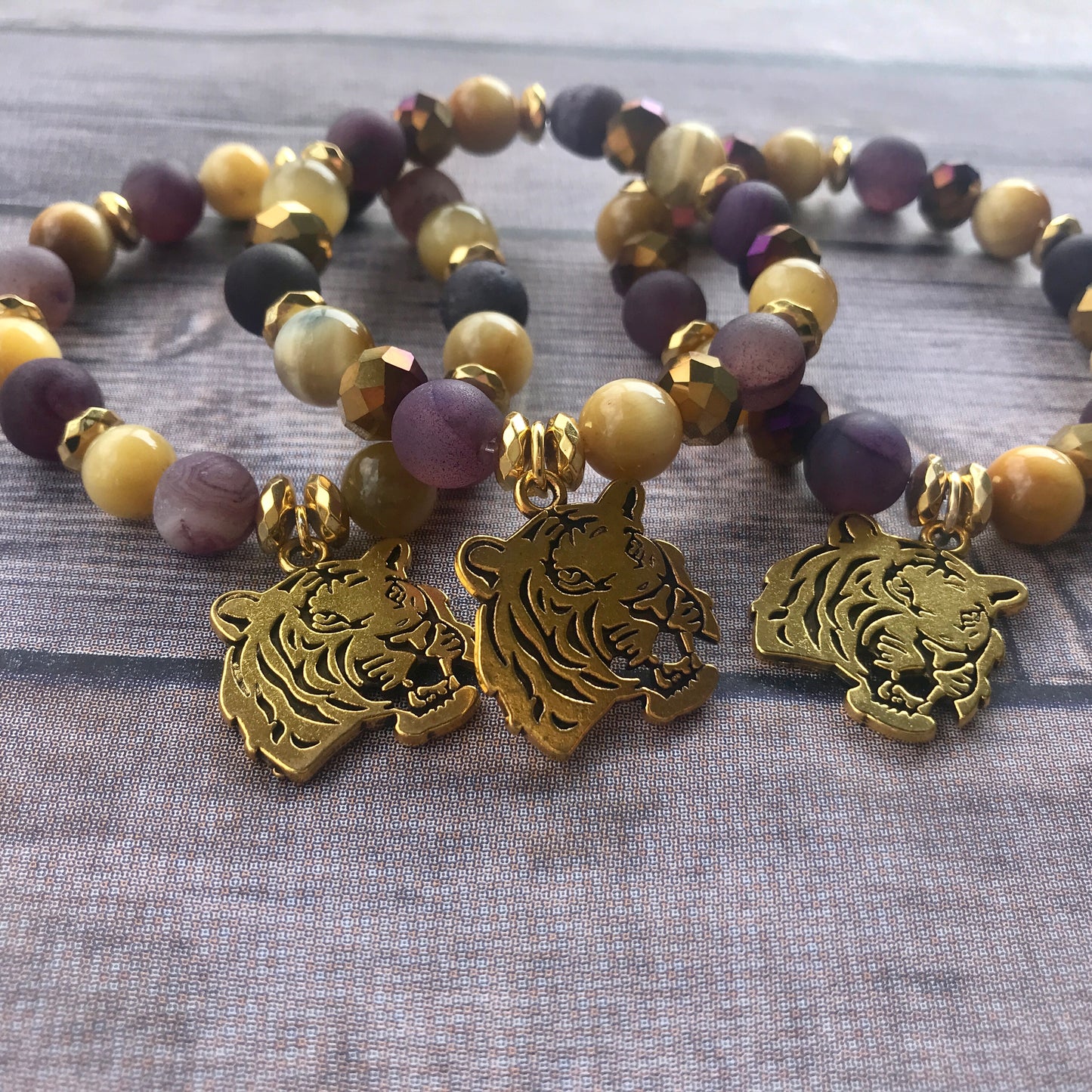 LSU and Saints Gemstone Bead Charm Bracelets