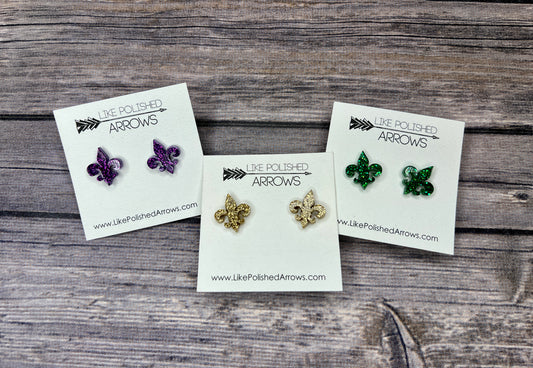 Mardi Gras Glitter Resin Fleur de Lis Stud Earrings