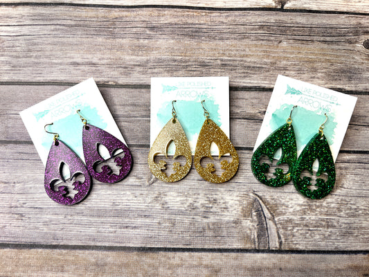 Mardi Gras Glitter Fleur de Lis Teardrop Earrings